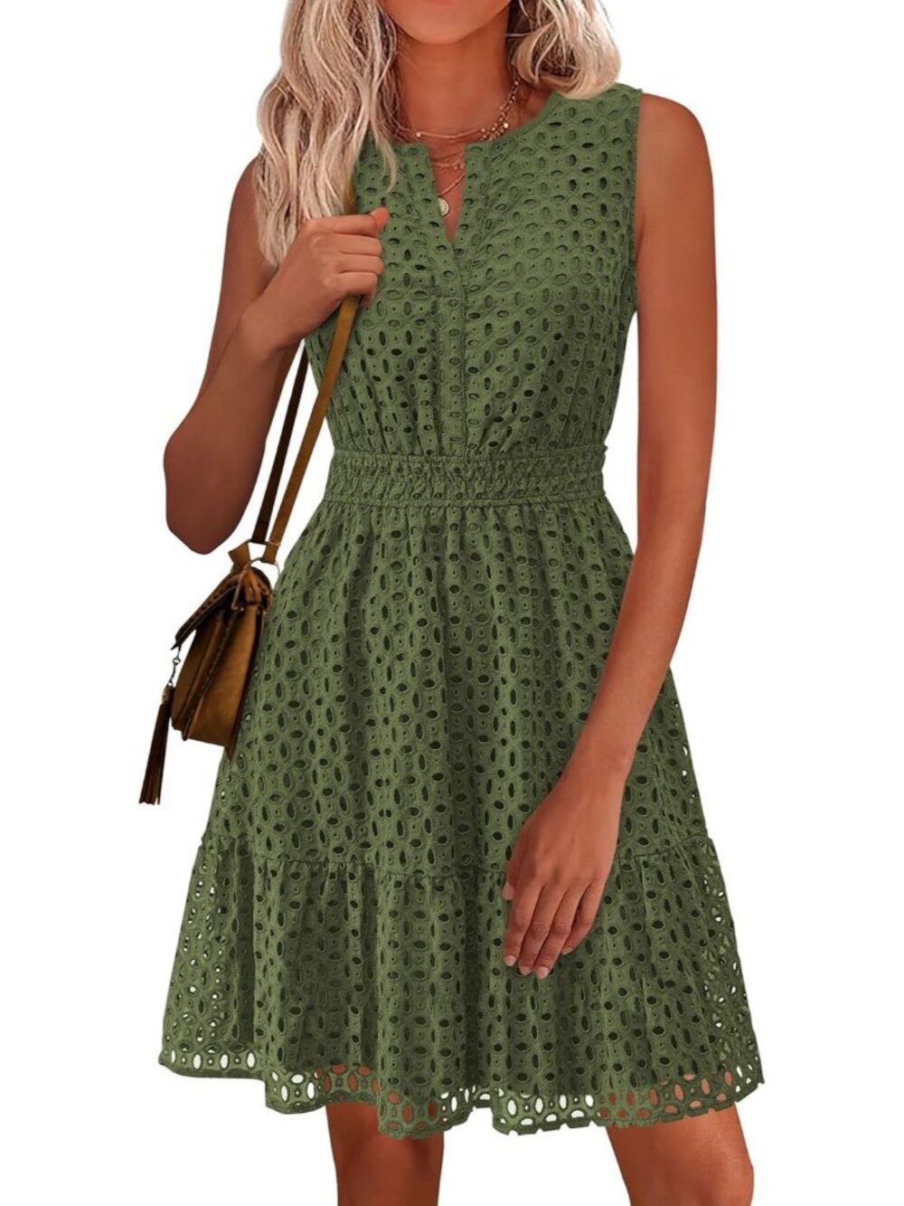 Women's Green Summer Dress Sleeveless V Neck Eyelet Hollow Out Swing Sun Dress